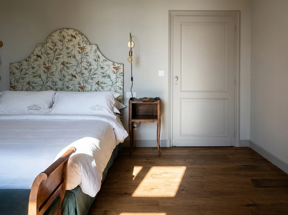 Homme en vêtement beige installant une étagère murale en bois naturel avec équerre de support triangulaire